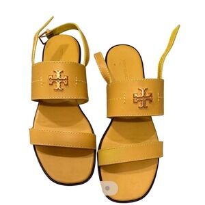Tory Burch Eleanor Yellow Leather Slingback Flat Sandals Gold Double T Logo